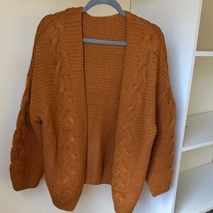 Open-Front Cable Knit Cardigan - Rust